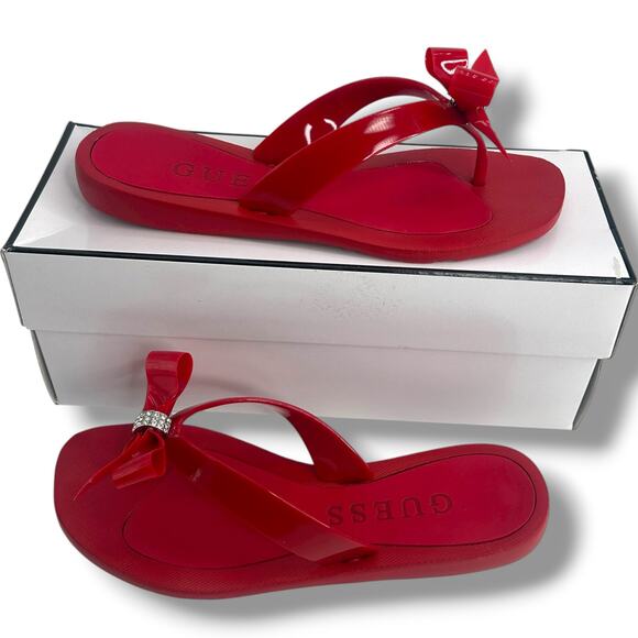 GUESS Tutu Eva Fashion Bow Detail Rhinestone Flip Flops Size 7 Red Fancy Sandals - Picture 3 of 11